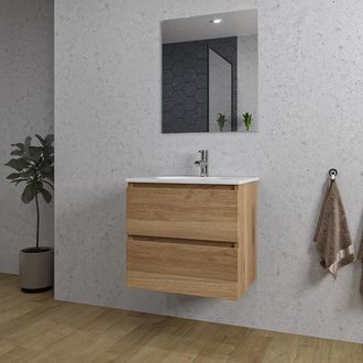 Saniclass Chaci Badkamermeubelset - 60x46x55cm - keramische wastafel wit - 1 ovale wasbak - 1 kraangat - 2 lades - rechthoekige spiegel - eiken