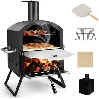 Costway Costway - Horno De Pizza 2 Capas, 1860 Cm&sup2; &Aacute;rea De Cocci&oacute;n/horno De Jard&iacute;n A Le&ntilde;a Con Asas Anti-quemaduras, Patas Plegables, Piedra De Pizza, Cubierta