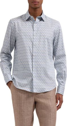 Bugatchi Julian Shaped Fit Geometric Wave Print Stretch Cotton Button-Up Shirt in Hazy Blue at Nordstrom, Size Xxx-Large
