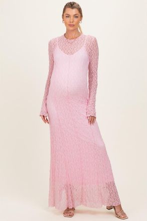 Pinkblush Lace Mock Neck Long Sleeve Maxi Dress in Light Pink at Nordstrom, Size Medium