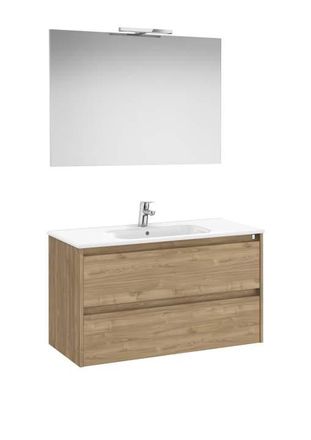 Roca Mueble Lavabo 1000mm Tenet 2 Cajones + Espejo Y Aplique Led Nogal