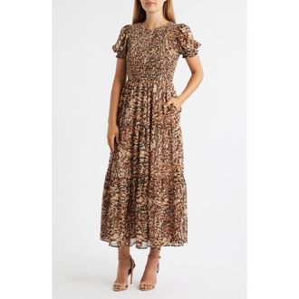 Anne Klein Smocked Puff Sleeve Maxi Dress in Light Coffee Multi at Nordstrom, Size Large