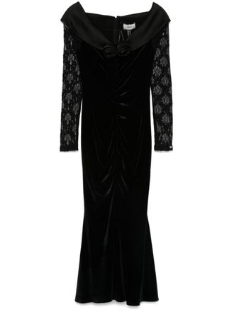 Nissa floral-appliqu&eacute; velvet midi dress - Black