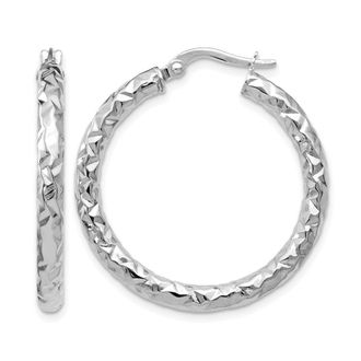 Diamond2Deal 14K White Gold Polished and Textured Round Hoop Earrings