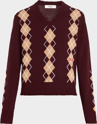Chlo&eacute; Wool-Cashmere Argyle V-Neck Sweater