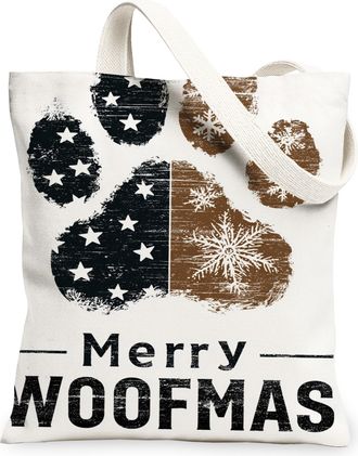 Generic Merry Animal Holiday Canvas Tote Bags, Paw Print Design Reusable Grocery Bags, Winter Rustic Lightweight Washable Shoulder, White, 13x15 Inch
