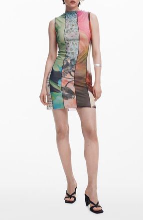 Desigual Mixed Print Mesh Minidress in Bluish Green at Nordstrom, Size X-Small