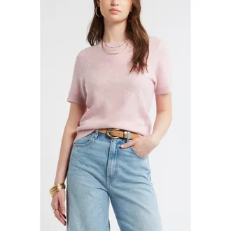 Treasure & Bond Floral Jacquard Short Sleeve Wool & Cashmere Sweater in Pink Timber at Nordstrom, Size Xx-Large