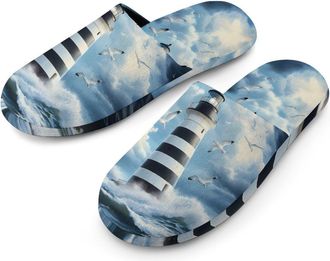 Generic Lighthouse Seagulls Cotton Slippers for Men Memory Foam House Slippers Soft Anti-skid Sole Indoor Outdoor Shoes