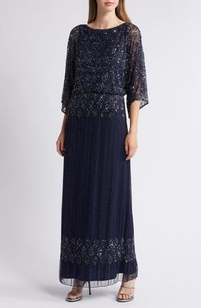 Pisarro Nights Beaded Blouson Split Sleeve Gown in Navy at Nordstrom Rack, Size 4