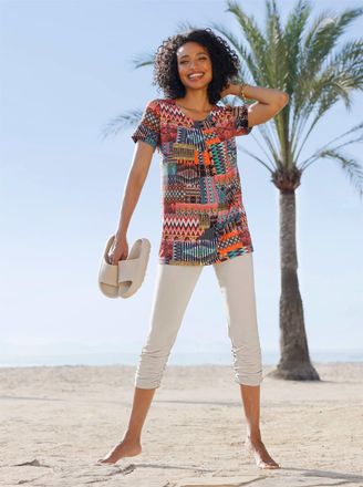 Heine T-Shirt HEINE Druck-Shirt, Damen, Gr. 34, terra, rot, bedruckt, 95% Viskose, 5% Elasthan, bedruckt, gemustert, mehrfarbig, Rundhals, Shirts T-Shirt