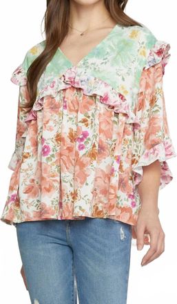 Entro Ruffled & Floral Top In Peach/ Green