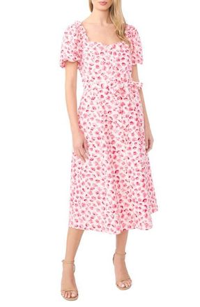 CeCe by Cynthia Steffe Floral Puff Sleeve Cotton Midi Dress in Rose Cerise at Nordstrom, Size Xx-Large