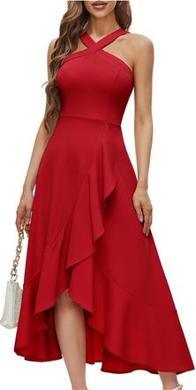 Generic Womens Backless Cocktail Dress, Halter Neck Sexy Prom Formal Wedding Bridesmaid Dress, Ruffled Long High Low Skirt (Red,XL)