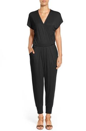 Loveappella Short Sleeve Wrap Top Jumpsuit in Black at Nordstrom Rack, Size Large