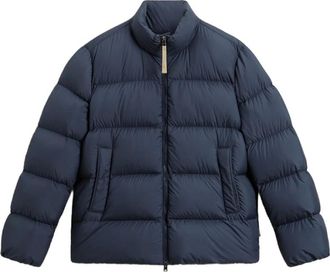 Woolrich Jassen, Heren, Blauw, S, Polyester, Gewatteerde Navy Blauwe Hoge Nek Jas
