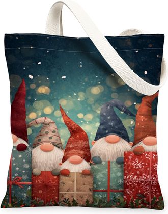 Generic Festive Gnomes Canvas Tote Bags, Holiday Character Print Reusable Grocery Bags, Winter Retro Lightweight Washable Shoulder, Multicolor, 13x15 Inch