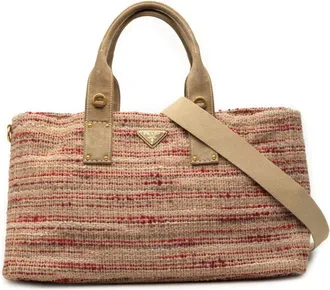 Prada Beige Multi-Color Red Color Tweed Suede Shoulder Bag Tote Bag (Pre-Owned)