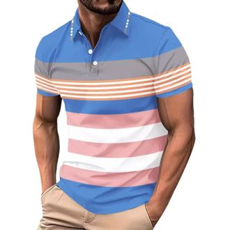 Generic T-Shirt for Men Short Sleeve V Neck Collar Summer Top Lightweight Casual Classic Striped Regular Fit Button Fashion Shirts for Men (Blue, XXL)