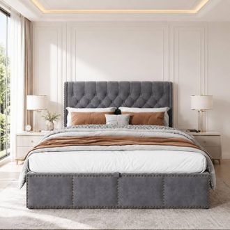 Merax Double Upholstered Ottoman Storage Bed with Padded Headboard in Dark Grey