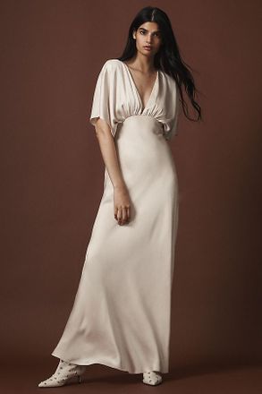 BHLDN Amelia Deep-V Flutter-Sleeve Satin A-Line Gown