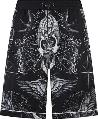 Philipp Plein Silk Bowling Shorts All-Over Tattoo