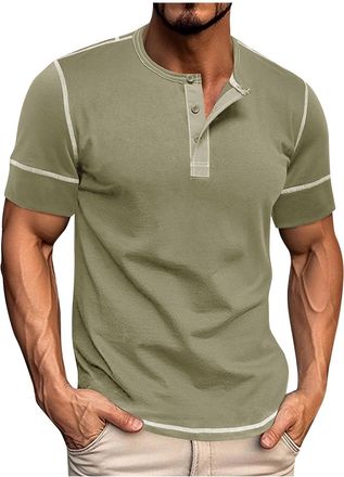 Generic Mens Grandad T Shirts 3 Button Collarless Shirts Casual Henley for Men Short Sleeve Mens Top Plus Size Shirt for Men Round Neck T Shirt Spring Summer 