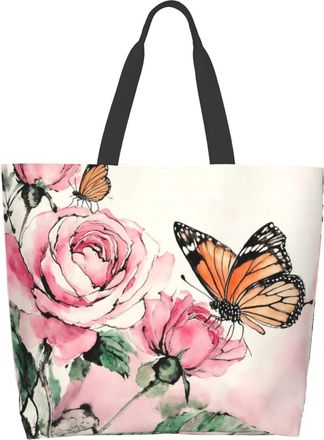 Generic Cafl Watercolor Roses Butterflies Tote Bag Large Reusable Shoulder Bag Eco-friendly Beach Portable Storage Handbag Convenient for Women Gym Travel Sho