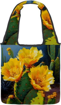 Generic Yellow Cactus Flowers Reversible Canvas Shoulder Tote - Double-Sided Print, 12oz Cotton, 27cm Drop, Fold-Flat Bag for Travel, Shopping, Street Outings