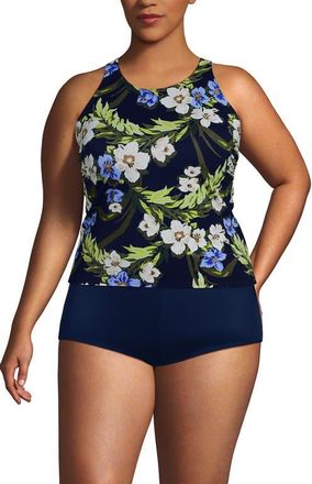 Lands End Plus Size Tugless High Neck Strappy Back Tankini Top in Deep Sea/blue Floral Tropic at Nordstrom, Size 26W
