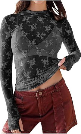 Generic FNKDOR Mesh Tops for Women Mock Neck Long Sleeve Tops Sheer See Through Blouse Stretchy Y2K Top Slim Fit Lace Layering Basic Tee Shirts Going Out Top 