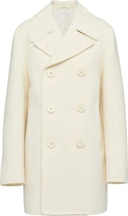 Prada Witte Wol Double-Breasted Jas - Dames - Mantel - Wit - L - Wol - Jassen
