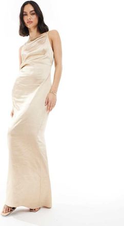 Pretty Lavish Bridesmaid satin boat neck maxi dress in matte gold
