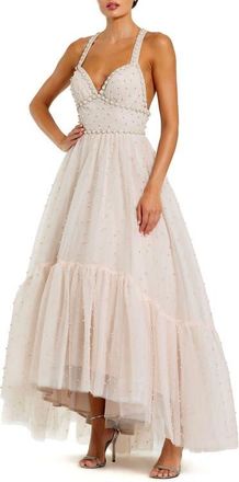Mac Duggal Pearl Beaded High Low Gown in Porcelain at Nordstrom, Size 14