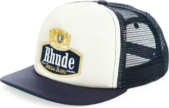 Rhude Logo Embroidered Trucker Hat in Navy /Off-White 3039 at Nordstrom