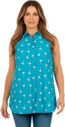 Roaman's Kate Sleeveless Shirt in Deep Turquoise Palm Trees at Nordstrom, Size 36