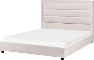 Beliani Fabric Bed with a Headboard eu Double Size 4ft6 Upholstered Light Beige Rouen