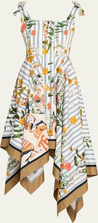 Monse Printed Shoulder-Tie Handkerchief Midi Dress