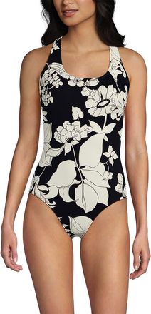 Lands End Plus Size Tugless X-Back One Piece Swimsuit in Black/egret Lilies at Nordstrom, Size 12