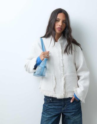 Asos giacca boucl&eacute; in misto lana senza colletto color crema-Bianco