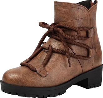 Generic Womens Classic Ankle Boots Round Toe Medium Block Heel Platform With Functional Lace Up For Daily Casual Comfort