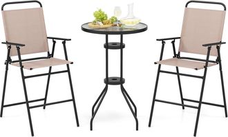 Costway Mesa Y Sillas Terraza De 3 Piezas, Mesa De Vidrio Templado Orificio Para Sombrilla De 4 Cm, 2 Sillas Plegables, Conjunto Mesa Y Sillas Jardin Balcon E
