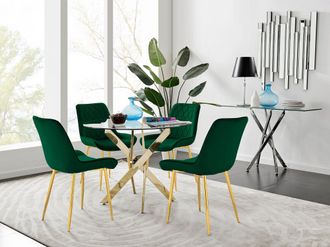 Furniturebox Novara 100cm Round Tempered Glass Dining Table with Gold Legs & 4 Pesaro Velvet Chairs in Green
