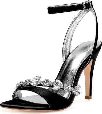 Generic Wedding Bridal Shoes Womens Heels Ankle Strap High Heels Prom Party Dress Heeled Open Toe Bridal Stiletto Sandals 10.5Cm,Black,6 UK