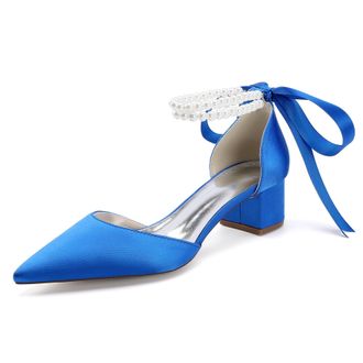 Generic Bridal Shoes Satin Womens Block Heel Wedding Shoes Pointed Toe Prom Party Dress Pumps 4.5Cm,Royal Blue,10 UK