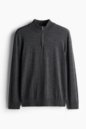 H&M Pullover aus Merinowolle mit Zipper in Slim Fit - Grau