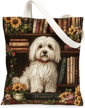 Generic Spring Havanese Dog Canvas Tote Bag for Shopping 13x15, Flower Bookshelf Puppy Reusable Grocery Print Bag for Women, Fun Pet Beach Aesthetic Painting 