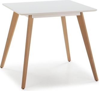 HOMN Mesa de comerdor blanco, patas de madera de haya, 80x80 cm