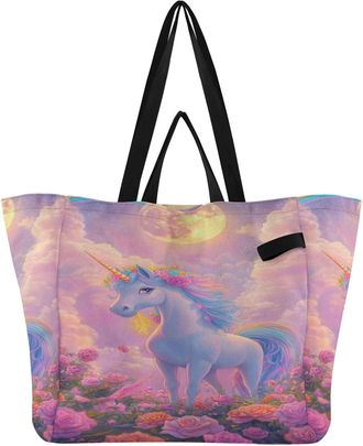 Generic Floral Blue Unicorns Rainbow pattern Reusable Canvas Tote Bag, Heavy Duty Grocery Shopping Bag with Large Capacity Double Handles Hard Bottom Work Gro