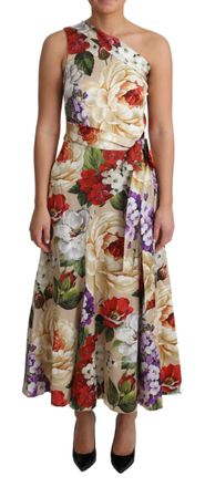 Dolce & Gabbana Womens Floral Print Oneshoulder Midi Dress - Ivory Silk - Size EU 38 (Womens)